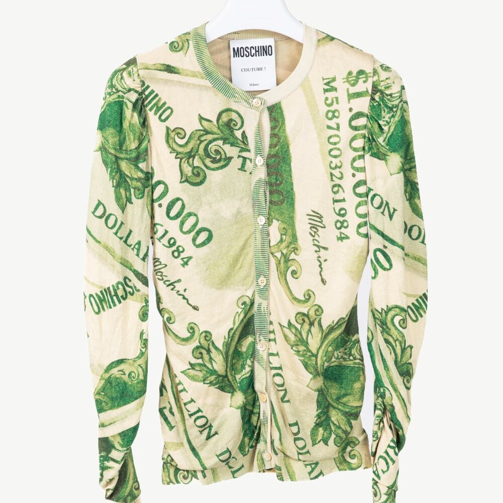 Moschino AW/19 Green Wool Money-Print Ruched Cardigan